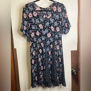 VTG 90s Starina Women’s Blue & Pink Floral Rayon Babydoll Mini Dress Grunge Boho